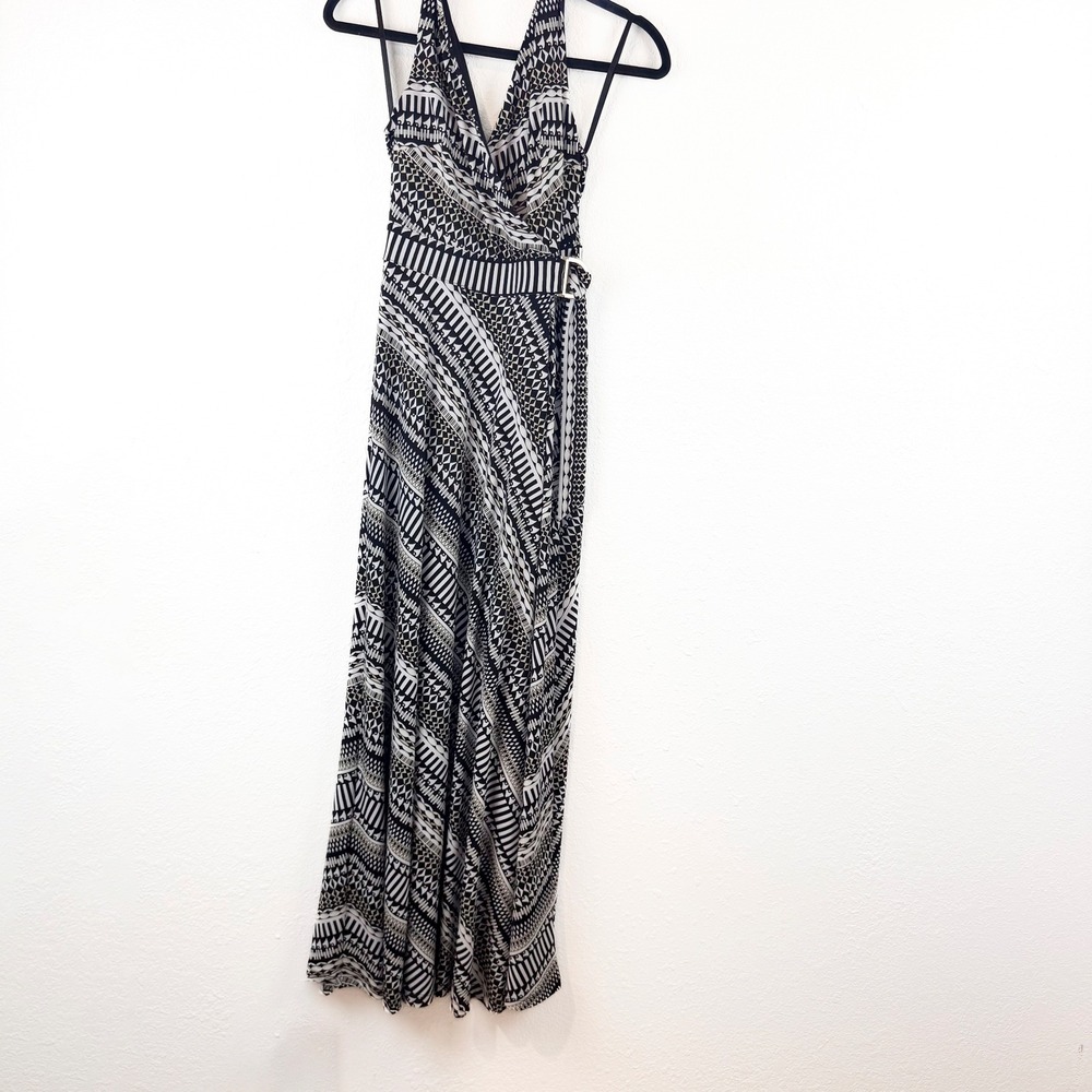 White House Black Market Geometric Tribal Halter Maxi Dress Black White Size 0